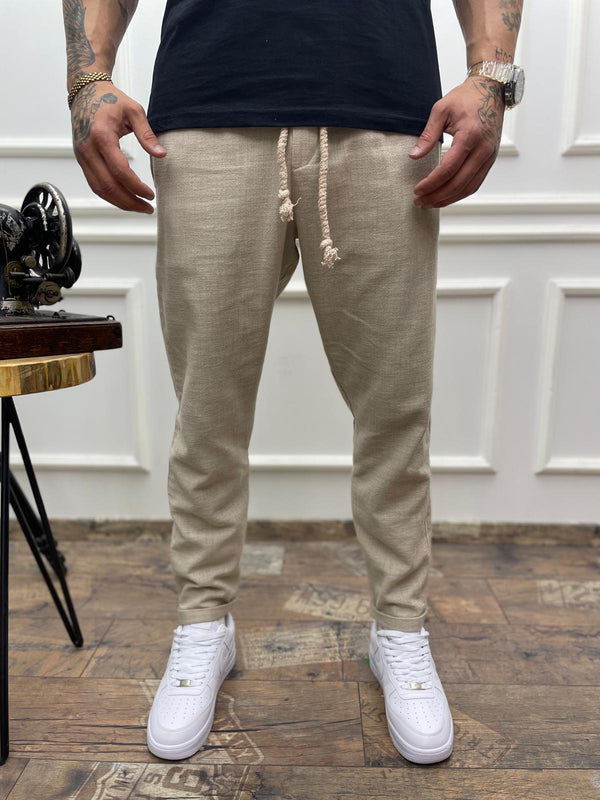 Krem Duble Paça Keten Pantolon