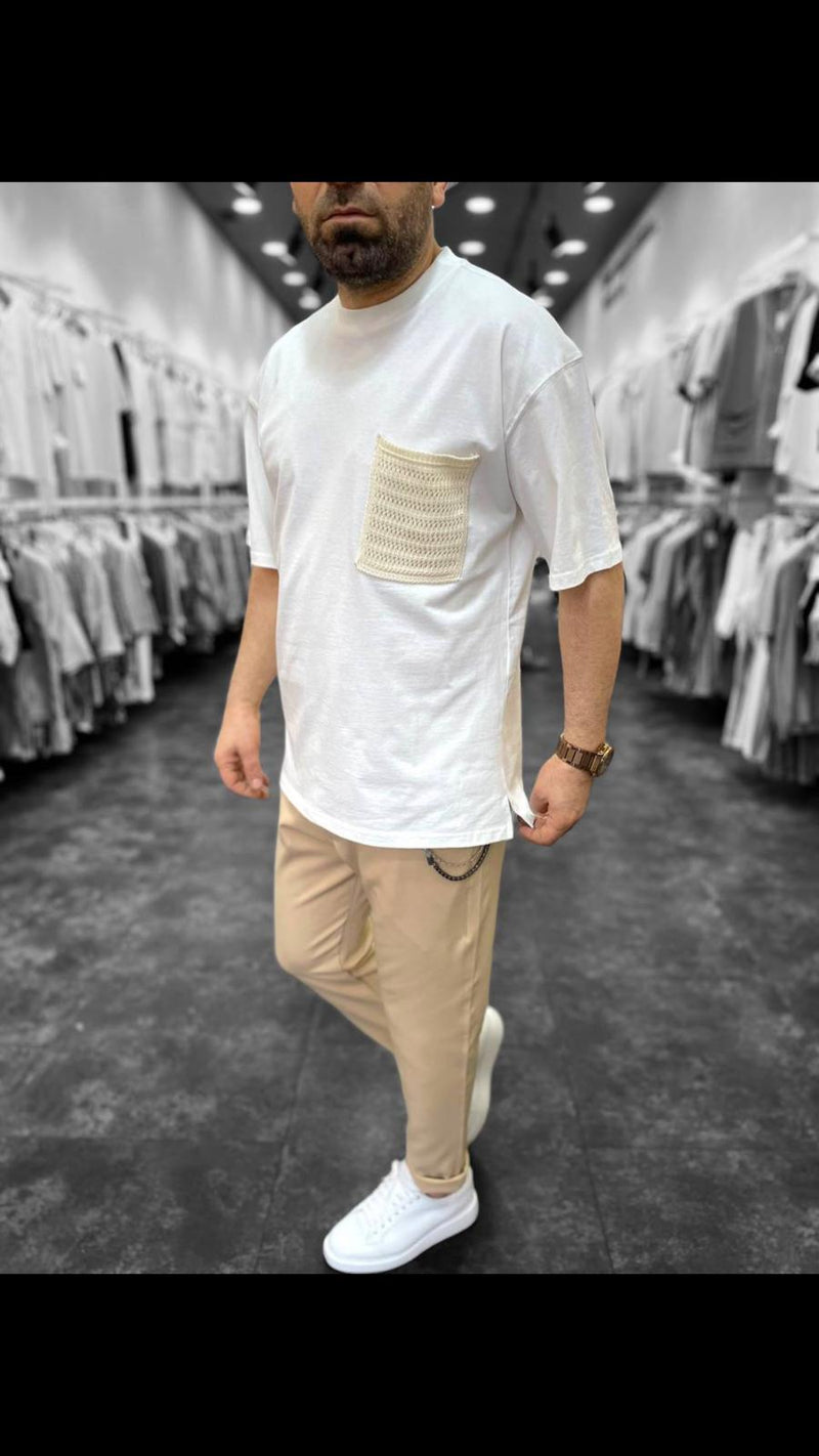 Beyaz Cebi Örgü Oversize Tişört