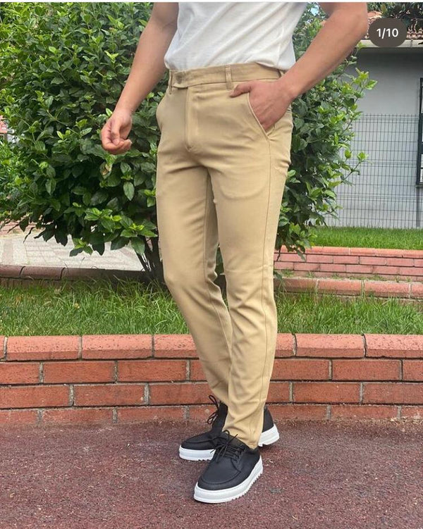 Krem Dar Paça Keten Pantolon