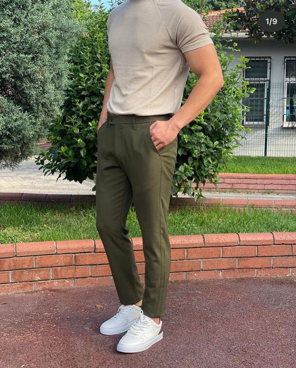 Koyu Yeşil Dar Paça Keten Pantolon
