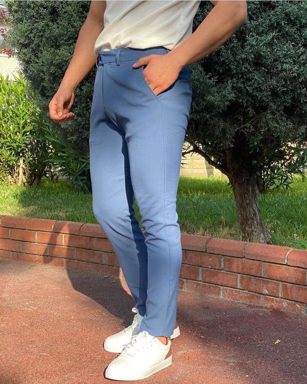 Açık Mavi Dar Paça Keten Pantolon