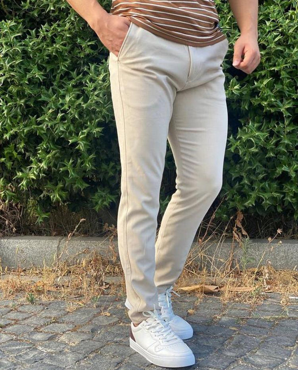 Açık Krem Dar Paça Keten Pantolon